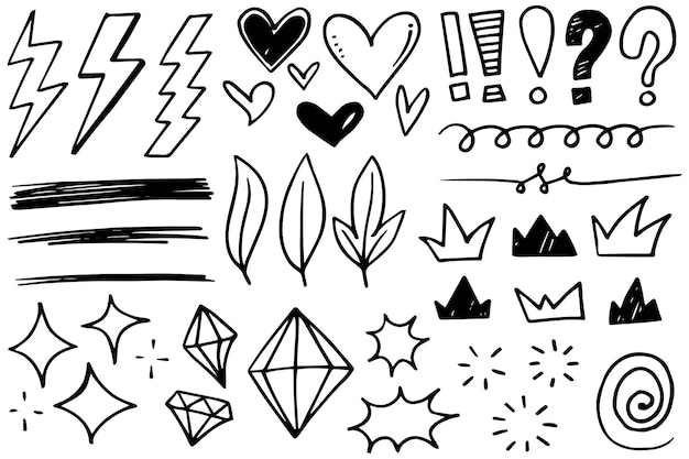 Doodle lignes flèches cercles couronnes explosions de foudre brosses diamants et courbes vectorielles Éléments de conception dessinés à la main isolés sur fond blanc pour illustration vectorielle infographie