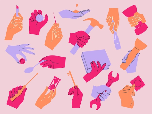 Doodle mains Doodle minimalistes bras tenant différents objets Marteau ou clé anglaise dans le poing Corps humain Stopwatch et clé rouge à lèvres dans les doigts Fleur sur la paume Collection graphique vectorielle