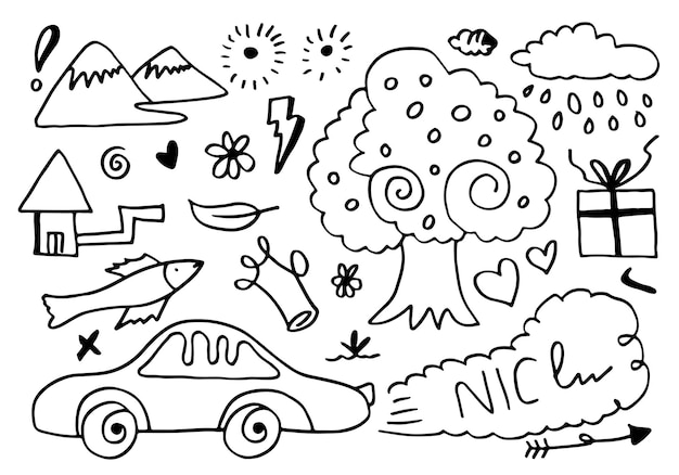 Doodle mignon dessiné à la main sur fond blanc Doodle éléments de conception Doodle enfants pour la décoration et la page à colorier