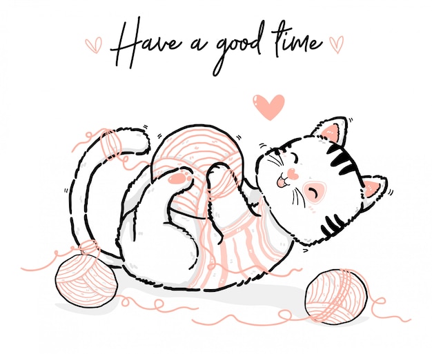 Vecteur doodle mignon joyeux ludique moelleux kiitty chat blanc et rose s'amuser avec une boule de coton, contour dessiner à la main illustration plate