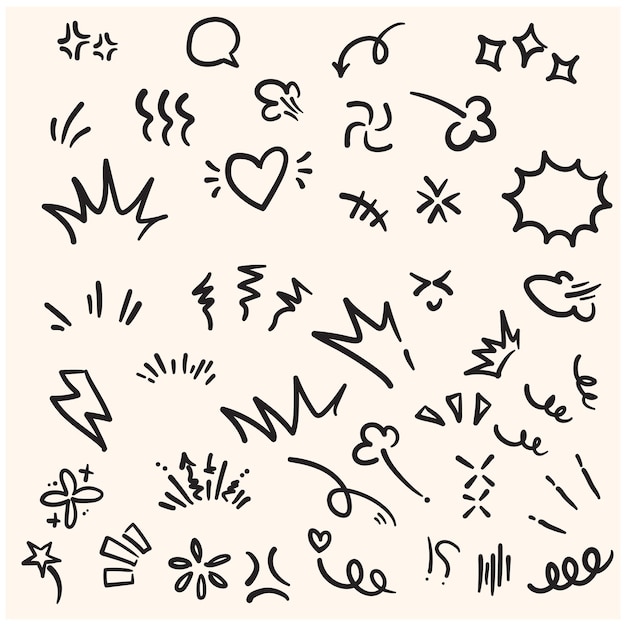 Doodle mignons éléments de ligne de stylo brillant avec style d'illustration doodle et art de ligne