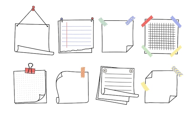 Doodle notes de mémoire dessinées à la main et rappels ensemble d'illustrations vectorielles style de dessin simple