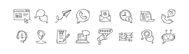 Vecteur doodle nous contacter ensemble d'icônes sketch service de soutien à la clientèle communication service d'assistance