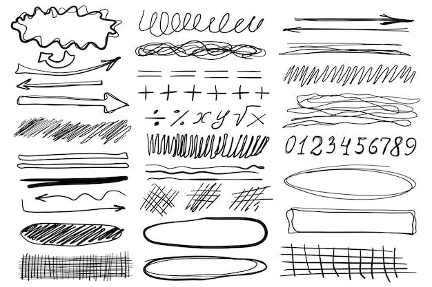 Vecteur doodle objets méga ensemble dans un dessin de dessin animé plat ensemble de numéros de flèches de ligne d'encre plus grilles de division égales textures manuscrites et autres formes illustration vectorielle symboles graphiques isolés