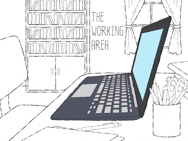 Vecteur doodle ordinateur portable dans l'espace de travail