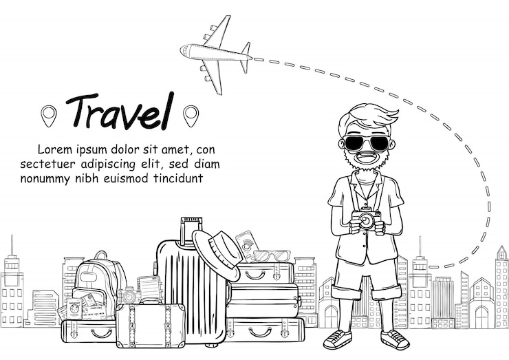 Vecteur doodle part dessiner voyageur de dessin animé mignon homme, voyager autour du concept de monde. tirage à la main,