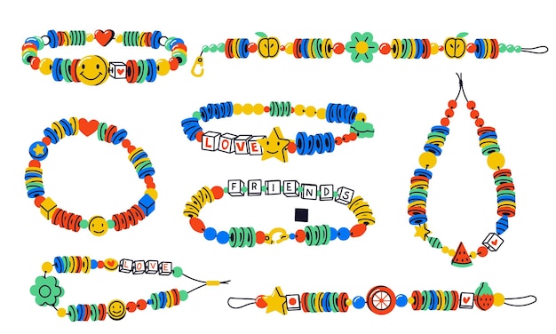 Vecteur doodle perles cartoon enfant coloré bracelet éléments old school kid accessoires faits à la main design plat artisanat activité concept vector set isolé