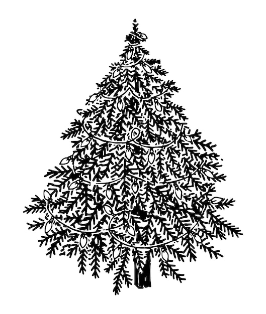 Doodle De Sapin De Noël Esquisse De Dessin De Guirlande Décorée D'épinette Illustration Vectorielle Dessinés à La Main Clipart Unique Isolé Sur Blanc