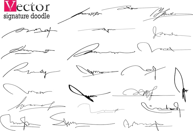 Doodle de signature Signature manuscrite Différents exemples de signatures isolés sur fond blanc