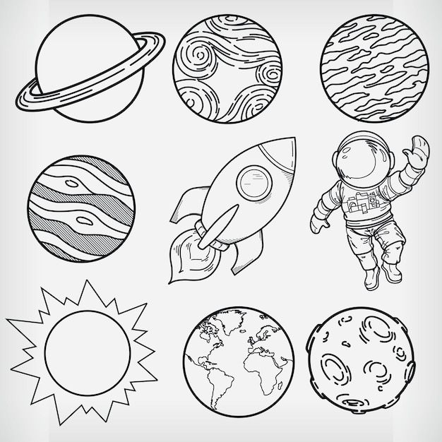 Doodle Sketch des planètes de la galaxie de l'espace extérieur