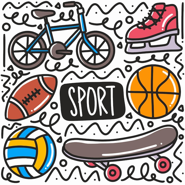 Vecteur doodle de sport dessiné à la main serti d'icônes et d'éléments de conception