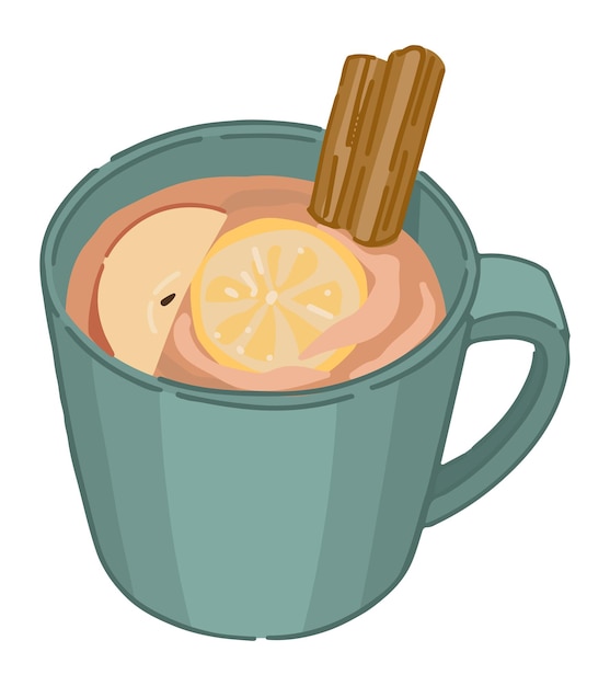 Vecteur doodle d'une tasse de thé boire avec de la cannelle, du citron et de la pomme clipart de boisson de saison froide isolé sur fond blanc illustration vectorielle dans le style de dessin animé