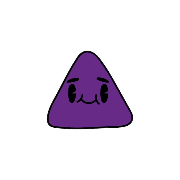 Doodle triangle violet dessiné à la main sur un fond blanc Personnage dans le style kawaii des années 70