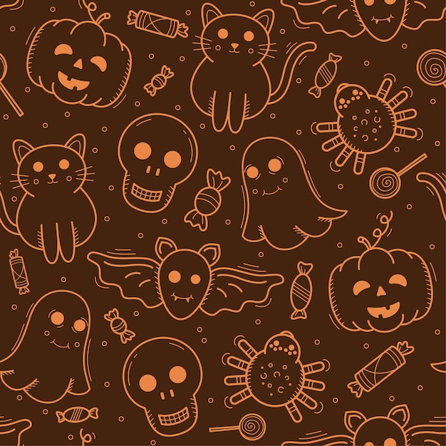 Doodle vecteur orange modèle sans couture d'éléments d'Halloween.