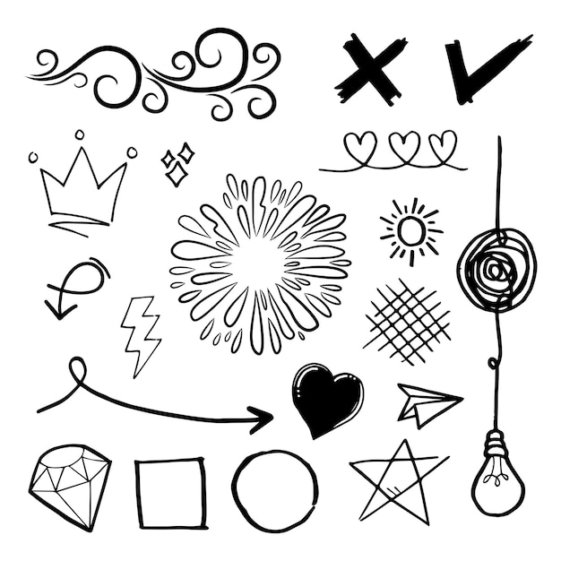 Vecteur doodle vector set illustration avec vecteur de style d'art de ligne de tirage à la main. couronne, roi, soleil, flèche, coeur, amour, étoile, tourbillon, swoops, emphase, pour la conception