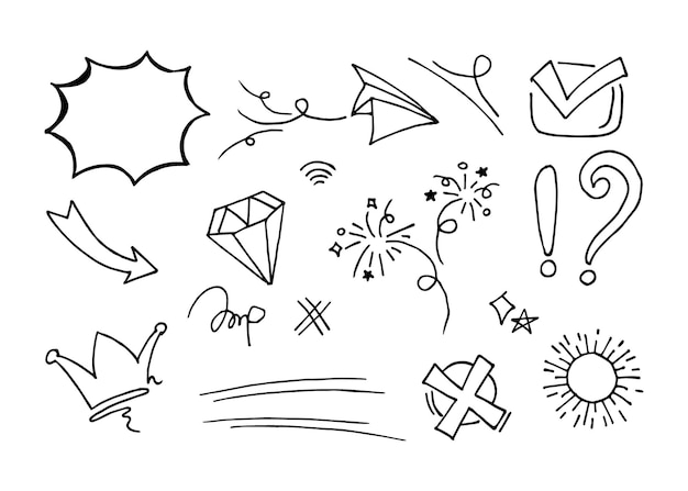 Doodle vector set illustration avec vecteur de style d'art de ligne de tirage à la main. Couronne, roi, soleil, flèche, coeur, amour, étoile, tourbillon, swoops, emphase, pour la conception