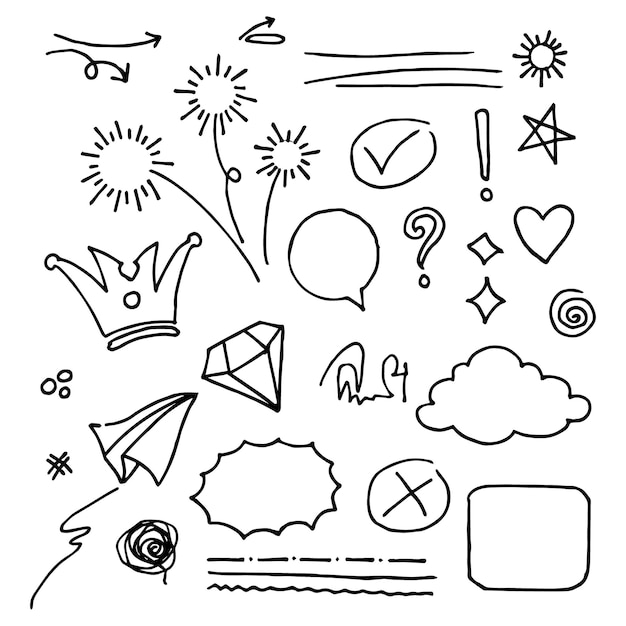 Doodle vector set illustration avec vecteur de style d'art de ligne de tirage à la main. Couronne, roi, soleil, flèche, coeur, amour, étoile, tourbillon, swoops, emphase, pour la conception