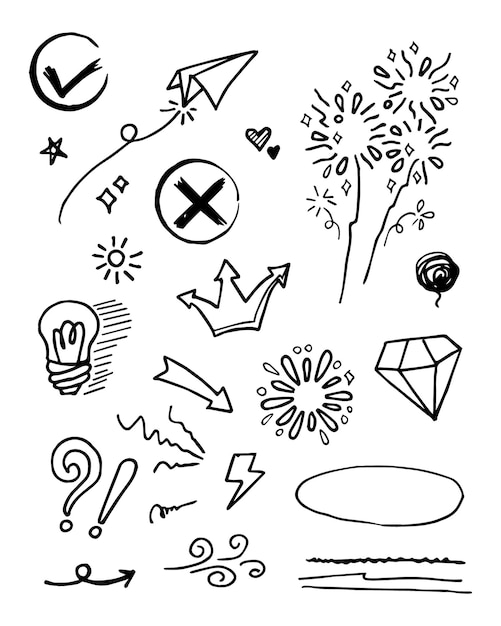 Vecteur doodle vector set illustration avec vecteur de style d'art de ligne de tirage à la main. couronne, roi, soleil, flèche, coeur, amour, étoile, tourbillon, swoops, emphase, pour la conception