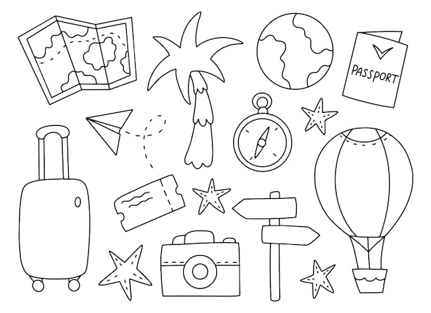 Vecteur doodle de voyage et de vacances défini l'art de la ligne de l'heure d'été