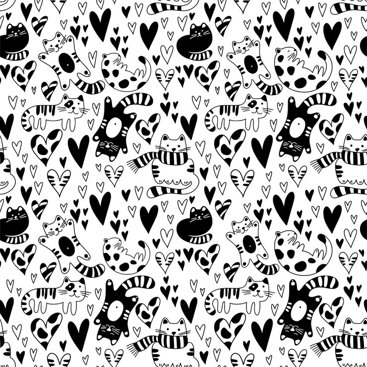 Doodles de chats et coeurs modèle sans couture Saint Valentin