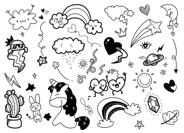 Doodles Dessinés à La Main En Noir Et Blanc De Cute Elementsxa