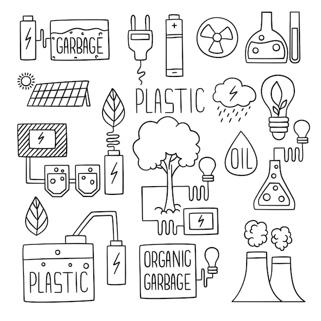 Doodles D'énergie. L'extension De L'usine De Stockage De Carburant De Production D'électricité Verte Flammes Icônes De L'usine De Bâtiments. Croquis De Production Verte De Génération, Illustration écologique De L'industrie De L'électricité