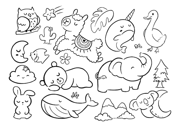 doodles feuille de coloriage d'animaux, ours, lama, éléphant