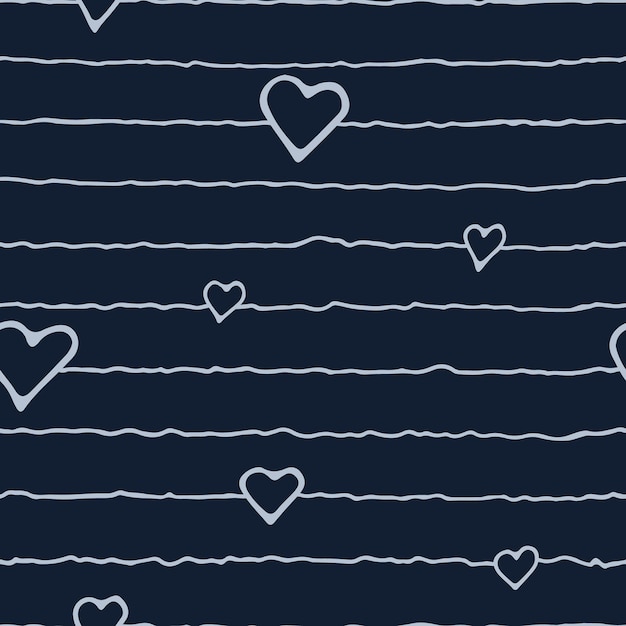 Doodles Motif Coeur Motif Sans Couture Dessiné à La Main Sur Fond Bleu Foncé Rayé. Vecteur Eps8