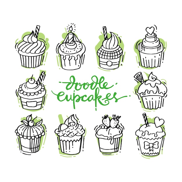 Doodles Sertie De Cupcakes Sucrés Décorés