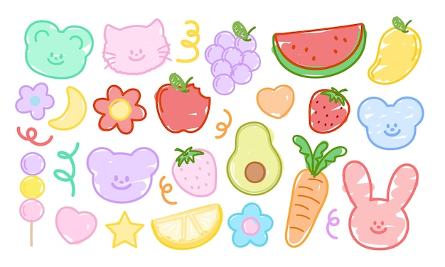 Doodles style de dessin d'enfant de fruits carotte animaux fleurs pour logo de marque icônes d'épicerie imprimer