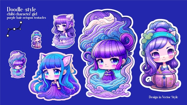 Vecteur doodlestyle chibi personnage fille cheveux violets