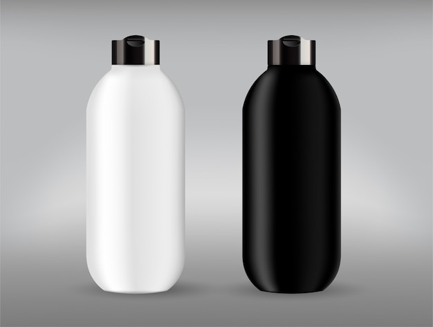 Dos en plastique cosmétique et bouteille blanche avec couvercle noir.