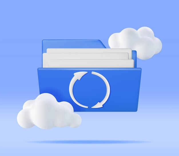 Dossier bleu 3D dans les nuages avec l'icône de synchronisation de fichiers
