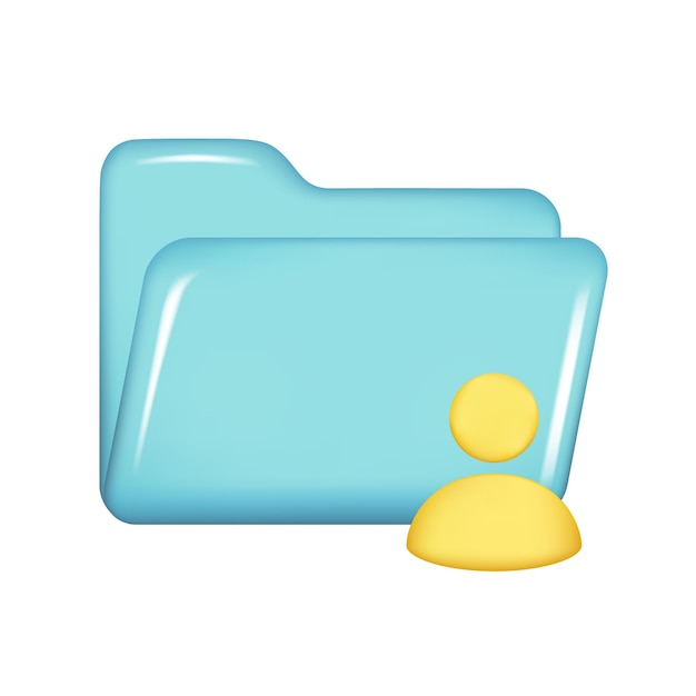 Dossier bleu 3D réaliste avec utilisateur personnel jaune Élément de fichier décoratif 3D ouvert symbole web icône de papier archive signe profil personne avatar Illustration vectorielle isolée sur fond blanc