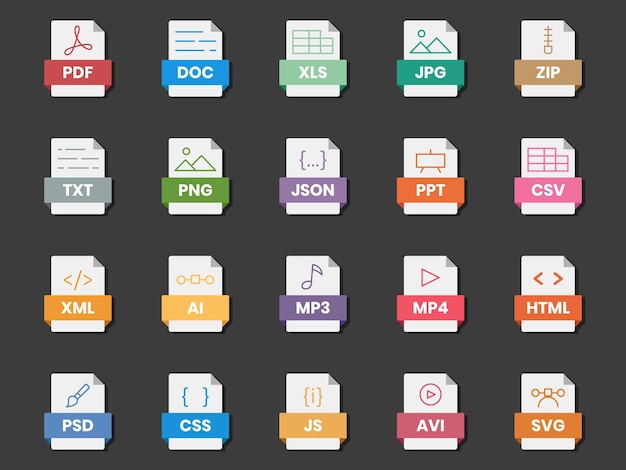 Vecteur dossier de format de fichier de document pdf doc xls jpg zip txt png json ppt csv xml ai mp3 mp4 html psd css js