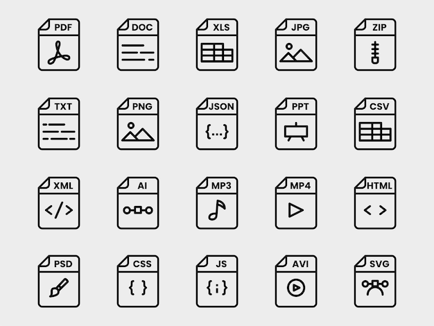 Dossier de format de fichier de document pdf doc xls jpg zip txt png json ppt csv xml ai mp3 mp4 html psd css js