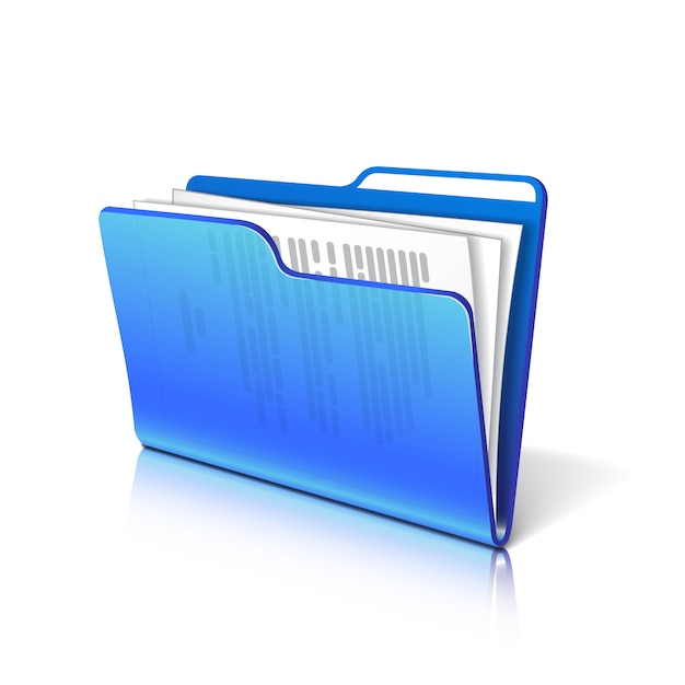 Dossier transparent bleu avec papiers. Icône de document. illustration.
