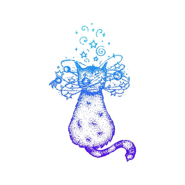 Dotwork Dizzy Cat Gradient. Illustration vectorielle de conception dessinée à la main.