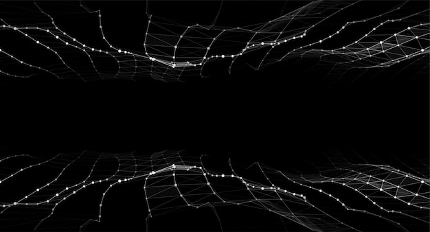 Double onde dynamique avec des points et des lignes connectés sur un fond sombre Concept d'arrière-plan d'onde numérique Arrière-plan technologique abstrait Visualisation de données volumineuses Illustration vectorielle
