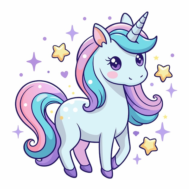 La douce caricature de l'unicorne avec des étoiles étincelantes et une scène magique