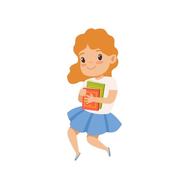 Douce Petite Fille Sautant Avec Livre Enfant Mignon Jouant Et Apprenant Vecteur Illustration Isolé Sur Fond Blanc