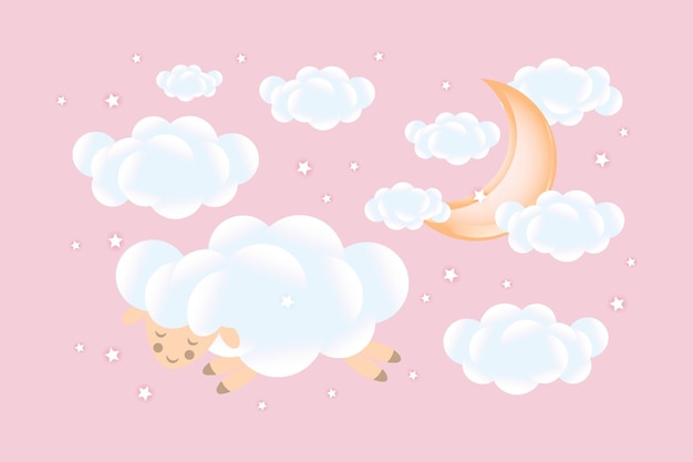 Vecteur douche de bébé 3d les moutons dorment sur un nuage avec une lune croissante avec des nuages sur fond rose