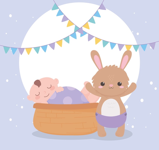 Douche De Bébé, Petit Garçon Dans Le Panier Et Lapin Avec Couche, Célébration Bienvenue Nouveau-né