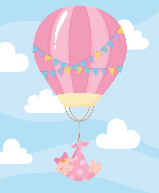Vecteur douche de bébé, petite fille suspendue au dessin animé de montgolfière, célébration bienvenue nouveau-né