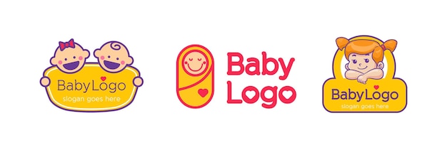 Doux Bébé Fille Et Garçon Logo Vector Illustration De Style Dessin Animé Couleur Contour Avec Sourire Heureux