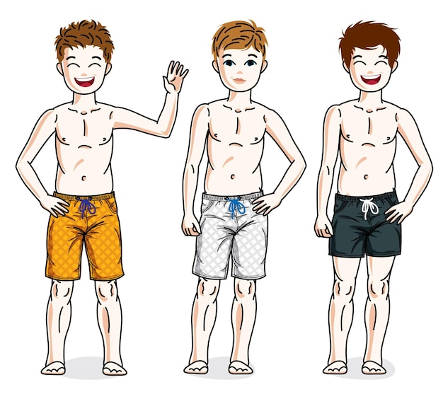 Doux Petits Garçons Jeune Adolescent Debout Portant Des Shorts De Plage à La Mode. Ensemble D'illustrations Vectorielles Pour Enfants. Clipart De Style De Vie De L'enfance Et De La Famille.