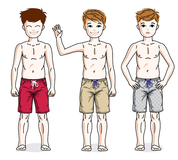 Doux Petits Garçons Jeune Adolescent Debout Portant Des Shorts De Plage à La Mode. Ensemble D'illustrations Vectorielles Pour Enfants.