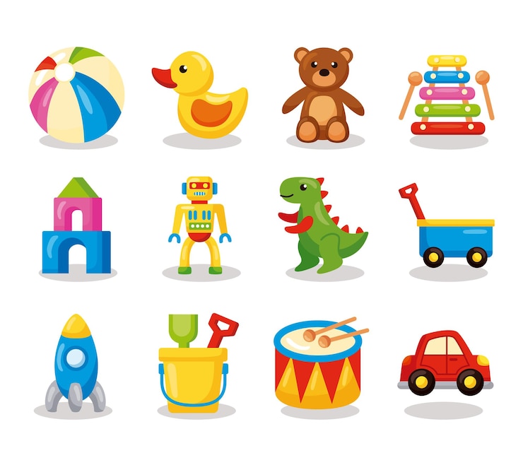 Vecteur douze enfants jouets mis icônes