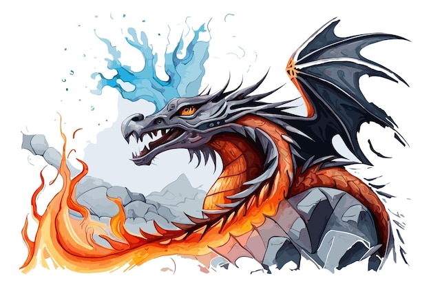 Un dragon aquarelle avec des flammes bleues et du feu sur la tête