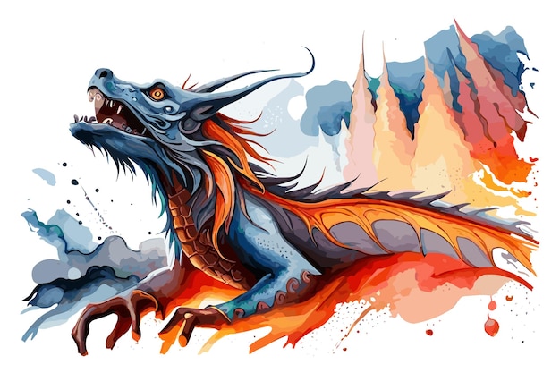 Un dragon aquarelle avec une queue rouge et une queue bleue est sur un fond blanc